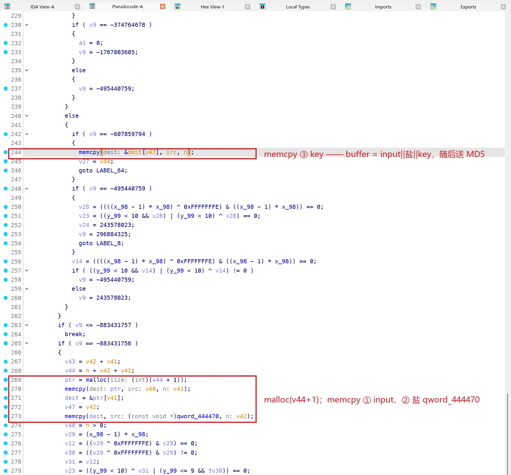 nativeSignature(sub_23B6C) 里的 buffer 拼接：malloc 后 memcpy ① input、② 盐 qword_444470，再 memcpy ③ key，整个 buffer 送去 MD5
