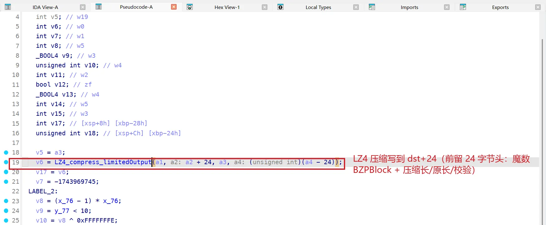 sub_1D338：LZ4_compress_limitedOutput 把明文压到 dst+24，前面留 24 字节头（a2+24 / a4-24 就是这个偏移）