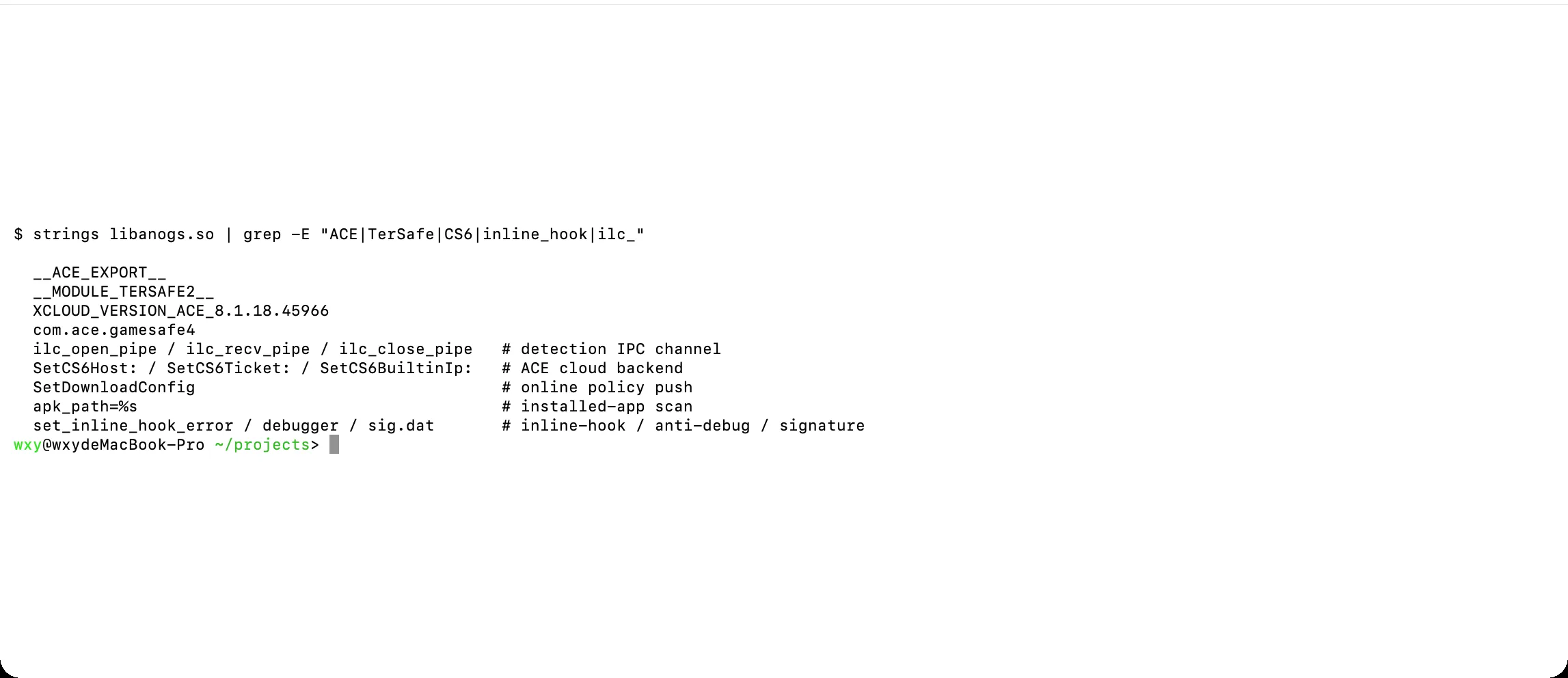 ACE identity and command vocabulary in libanogs.so