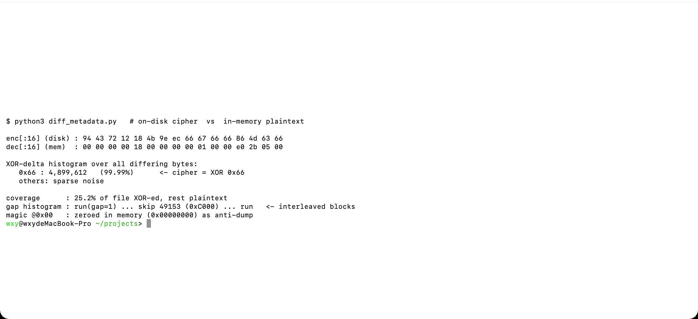 Decrypted metadata recovered from memory — magic zeroed as anti-dump