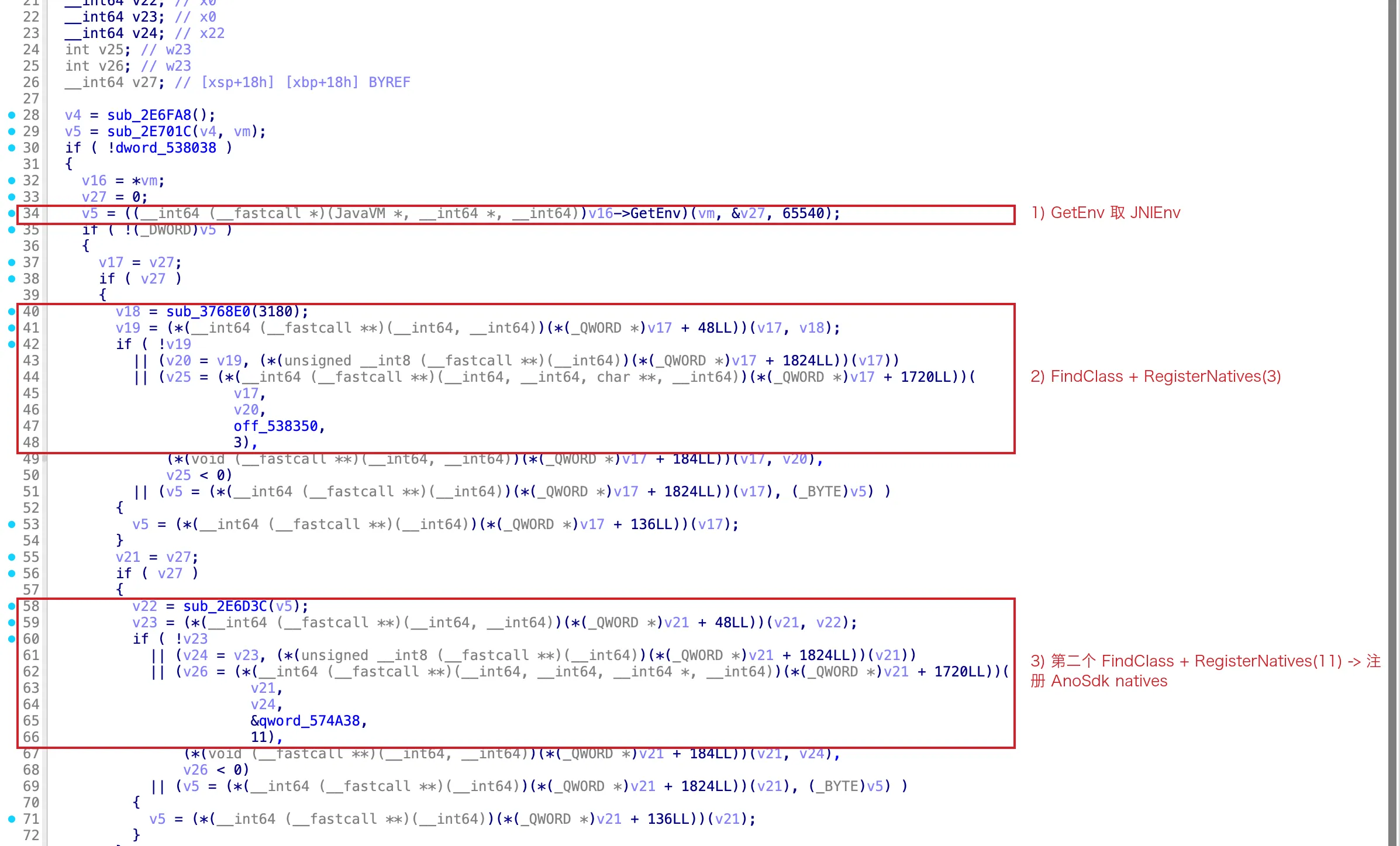 JNI_OnLoad decompiled — FindClass + RegisterNatives(3) then (11)