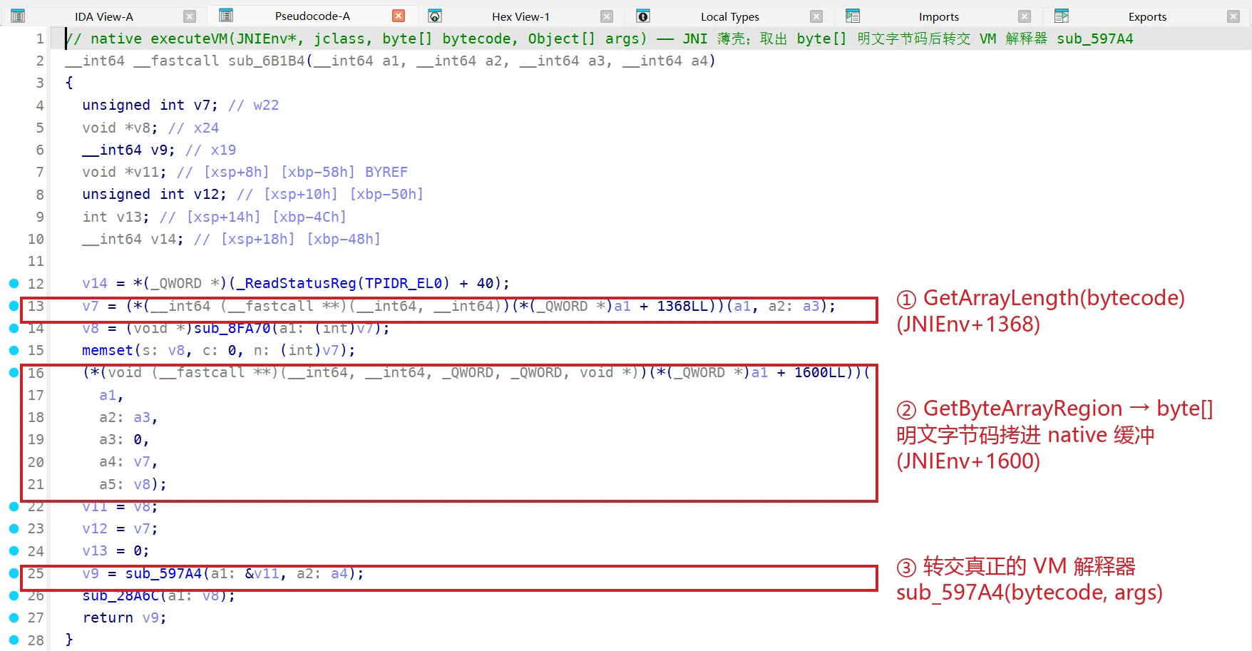 native executeVM 是 JNI 薄壳：取出 byte[] 字节码后转交 VM 解释器