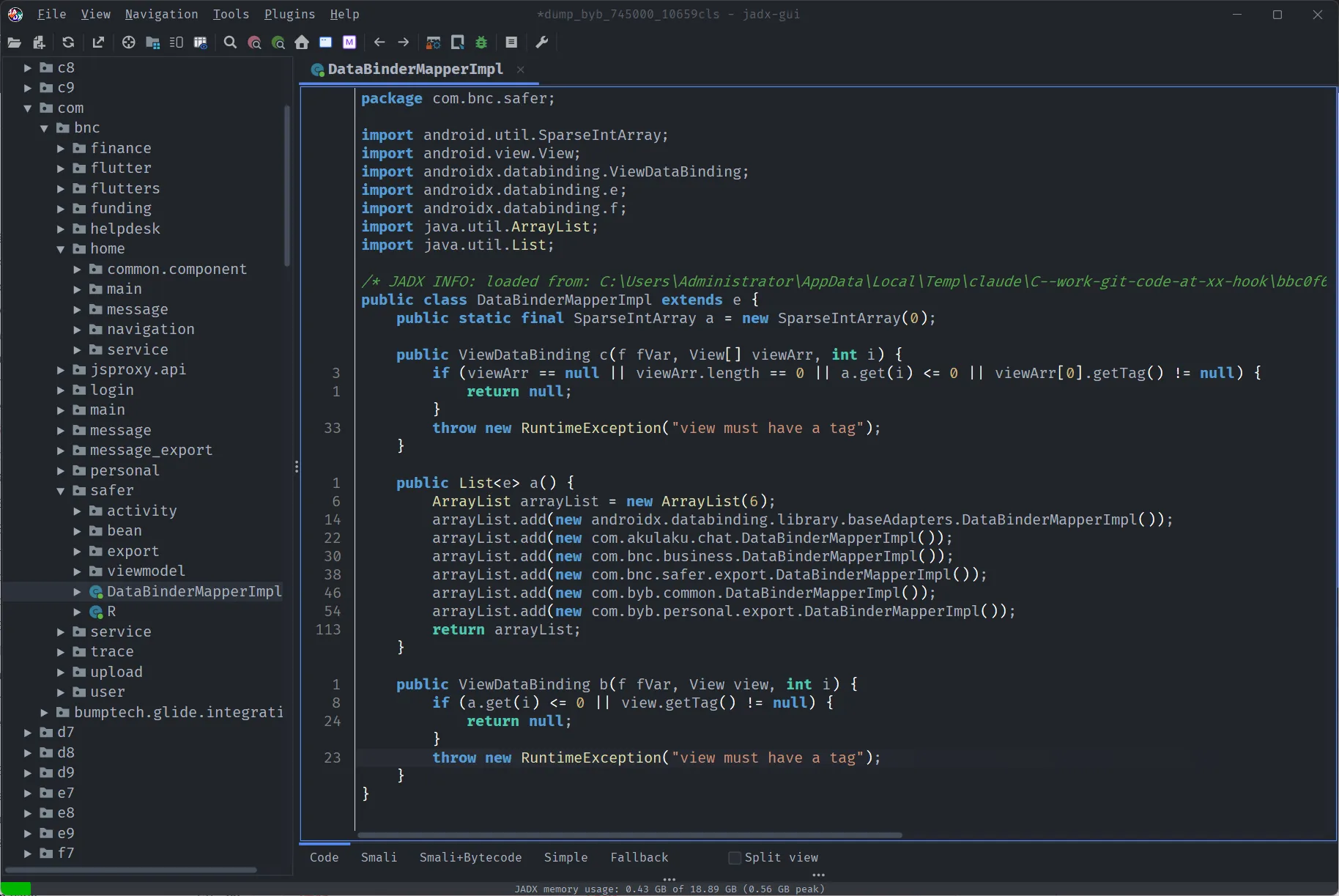 jadx 打开 dump 出的 dump_byb_745000_10659cls.dex:左侧 com.bnc / com.byb 业务包树完整展开，右侧 com.bnc.safer.DataBinderMapperImpl 的反编译源码里逐个 new 出 com.byb.common / com.byb.personal.export / com.bnc.business 等自研模块，加密的业务 dex 已还原、可直接反编译