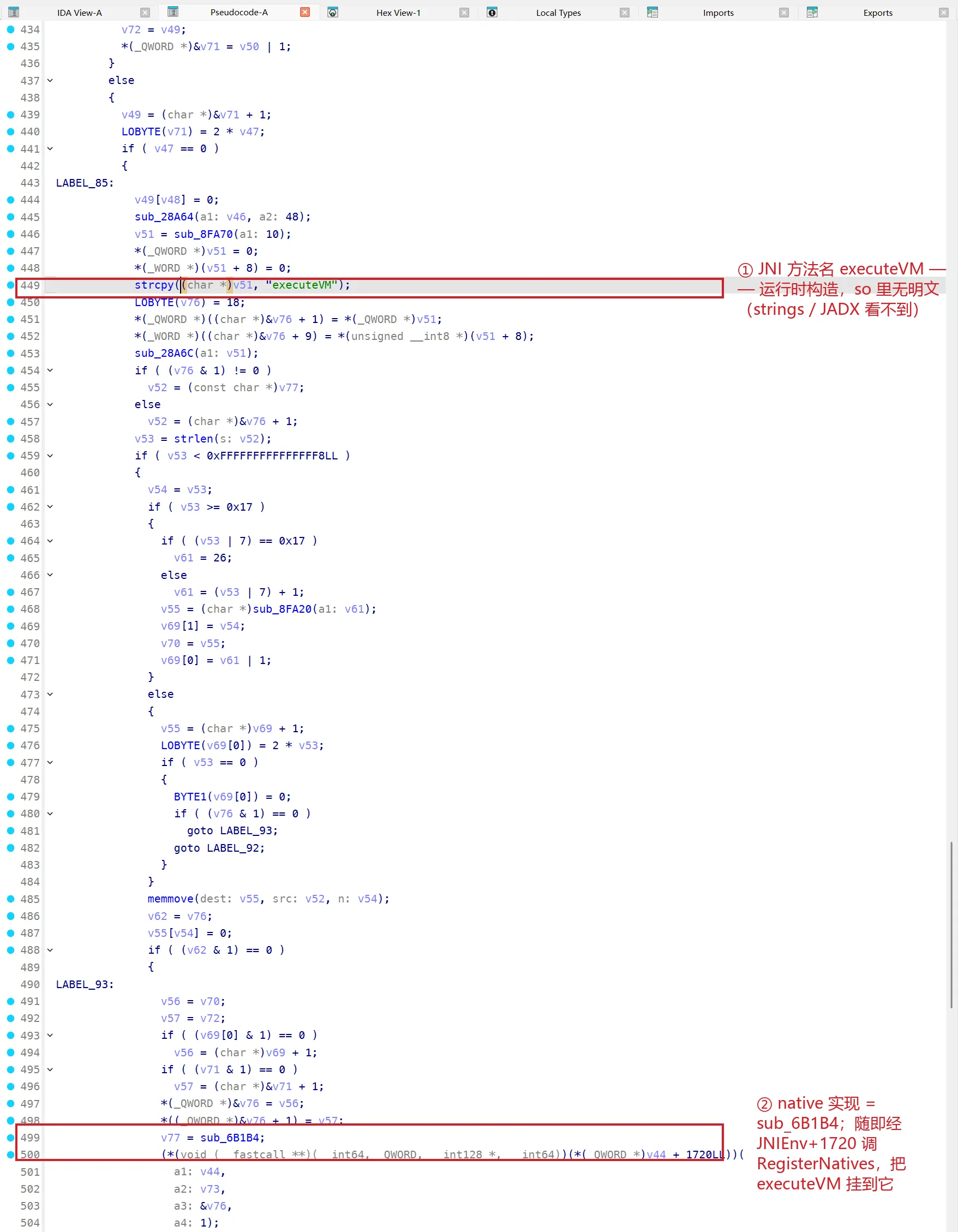 JNI_OnLoad 运行时 RegisterNatives 绑定 executeVM，方法名与签名均由 XOR 表在运行时解码（本样本 native 实现为 sub_6B1B4）